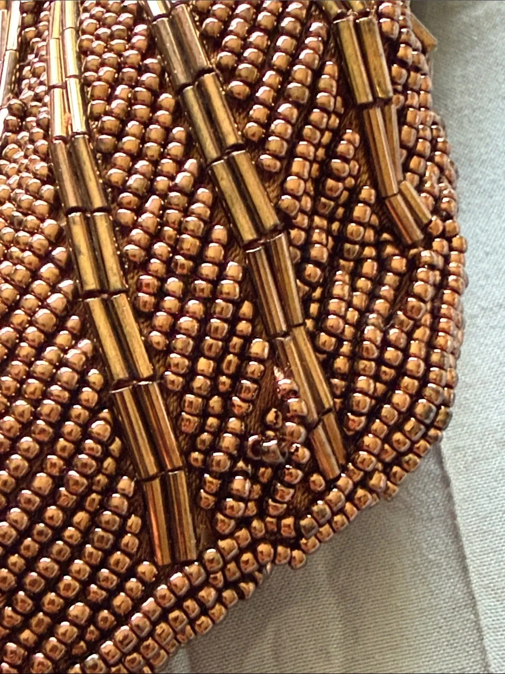Vintage “Walborg” Deco Beaded Clam Shell Evening Purse Copper Bronze Chain